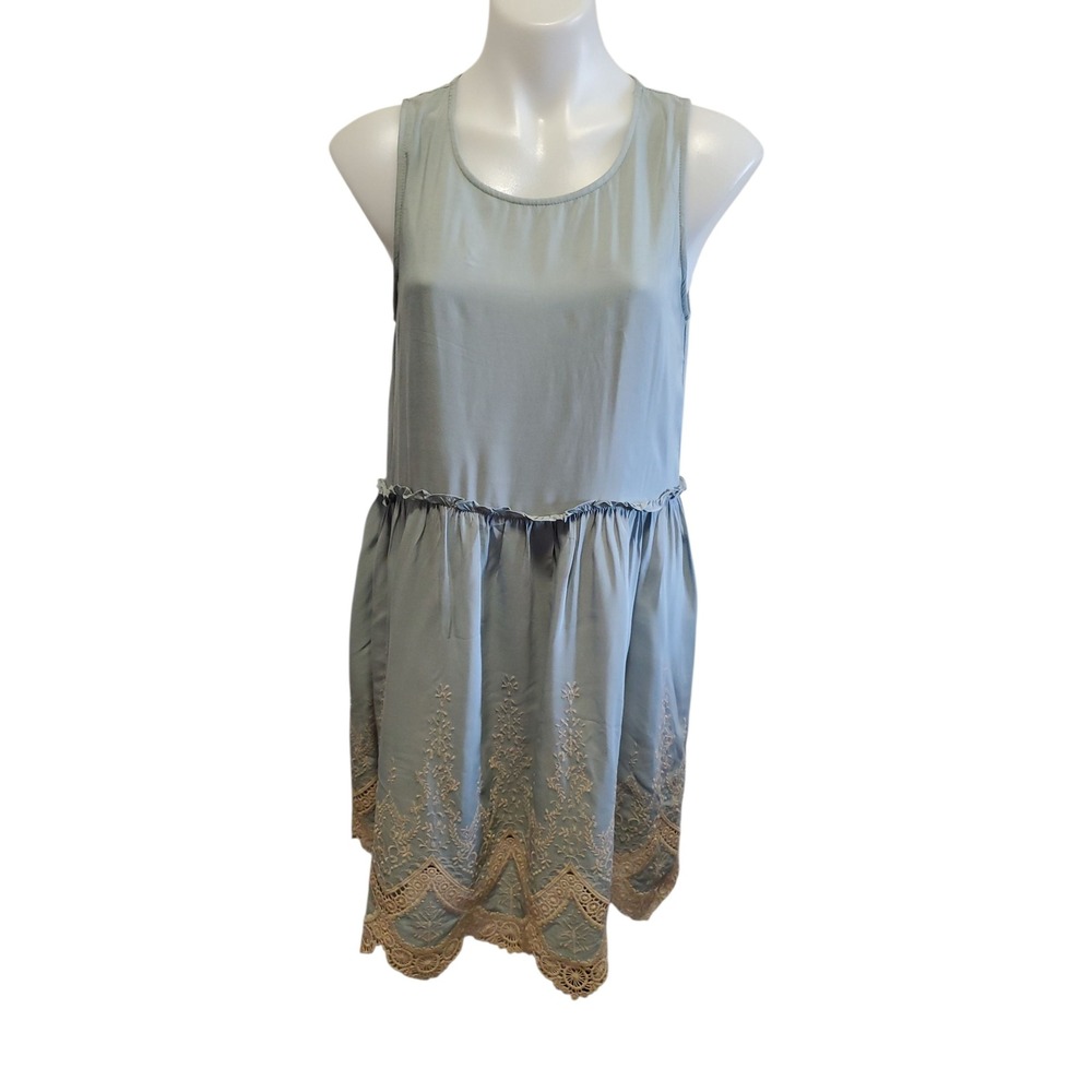 Andrée by Unit Boho Embroidered Dress Small Blue Sleeveless Lace Hem Cottagecore